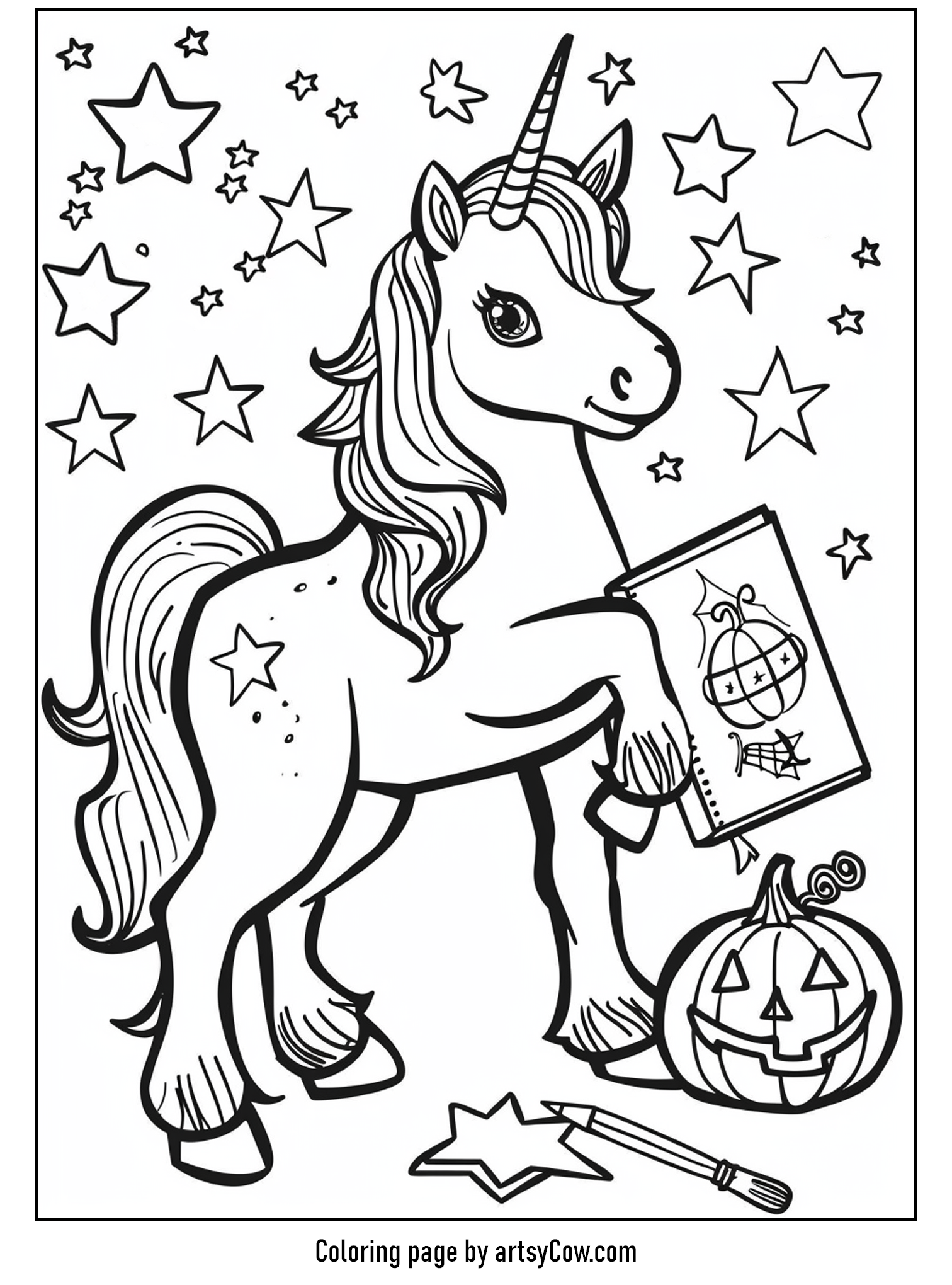 halloween coloring pages with unicorn, featuring a unicorn holding a spell book.